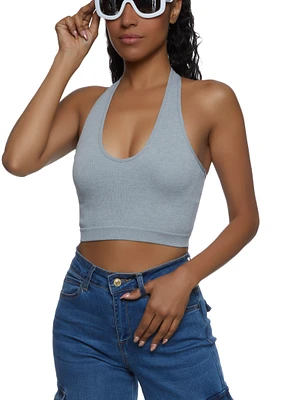 Womens Seamless Halter Neck Crop Top, Grey, Size S-M