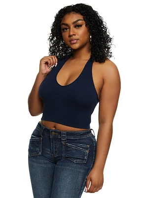 Womens Seamless Halter Neck Crop Top, Blue, Size S-M