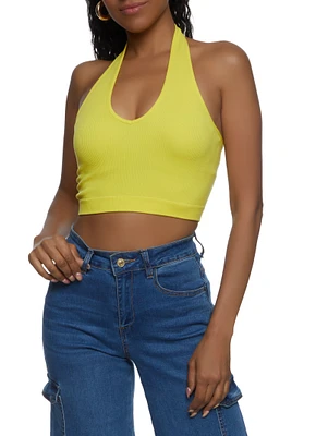 Womens Seamless Halter Neck Crop Top, Yellow, Size S-M
