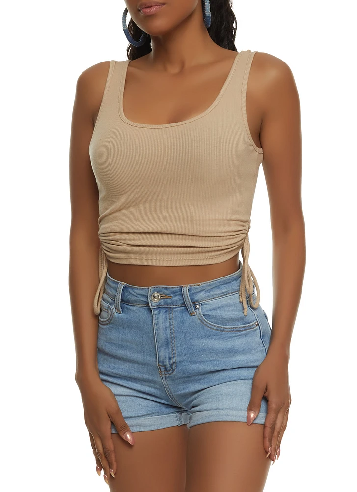 Womens Cut Out Side Tie Cropped Tank Top, Beige, Size M
