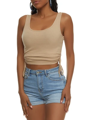 Womens Cut Out Side Tie Cropped Tank Top, Beige, Size M