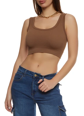 Womens Ribbed Knit Seamless Crop Top, Brown, Size S-M