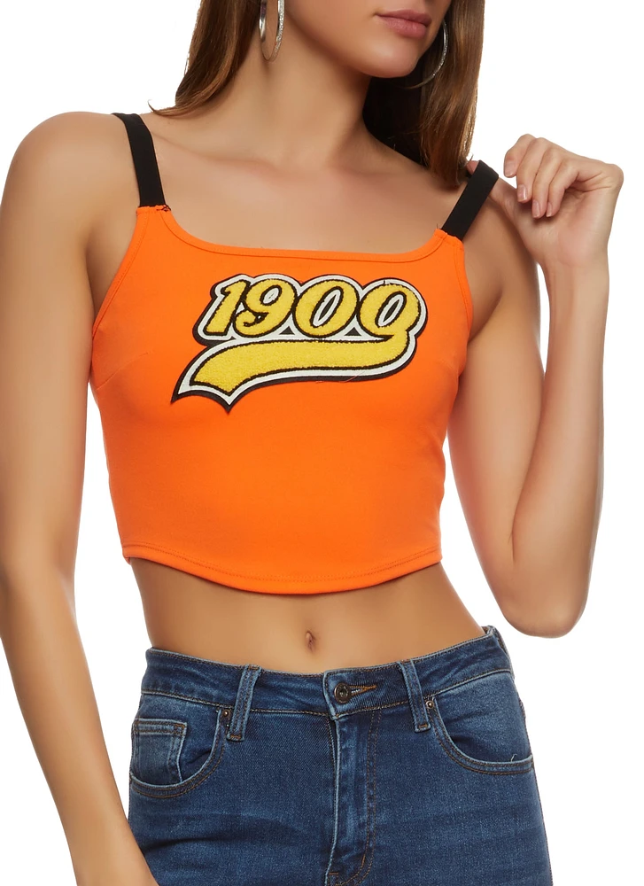 Womens 1900 Chenille Graphic Patch Crop Top, Orange,