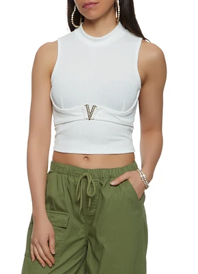 Womens Rhinestone Buckle Mock Neck Tank Top, White, Size S