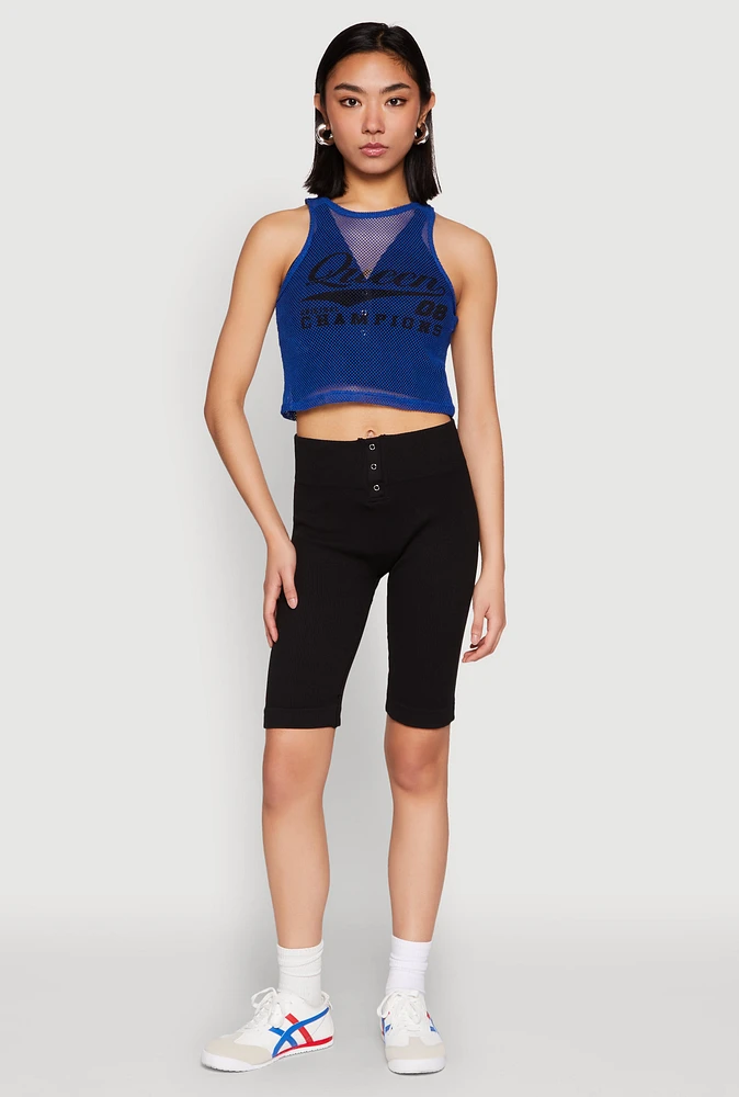 Womens Queen Champions Graphic Fishnet Crop Top, Blue,