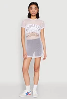 Womens Brooklyn Graphic Fishnet Tunic Top, White,