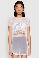 Womens Brooklyn Graphic Fishnet Tunic Top, White,