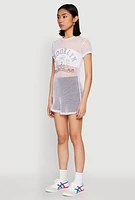Womens Brooklyn Graphic Fishnet Tunic Top, White,