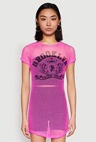 Womens Brooklyn Graphic Fishnet Tunic Top, Pink, Size M