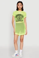 Womens Brooklyn Graphic Fishnet Tunic Top, Green, Size L