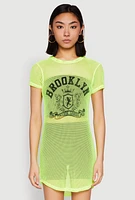 Womens Brooklyn Graphic Fishnet Tunic Top, Green, Size L