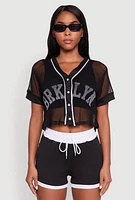Womens Fishnet Brklyn Graphic Cropped Baseball Tee,