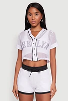 Womens Fishnet Brklyn Graphic Cropped Baseball Tee, White, Size S