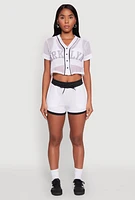 Womens Fishnet Brklyn Graphic Cropped Baseball Tee, White, Size S