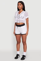 Womens Fishnet Brklyn Graphic Cropped Baseball Tee, White, Size S