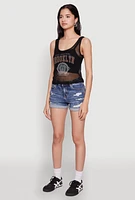 Womens Brooklyn Graphic Fishnet Tank Top, Black,