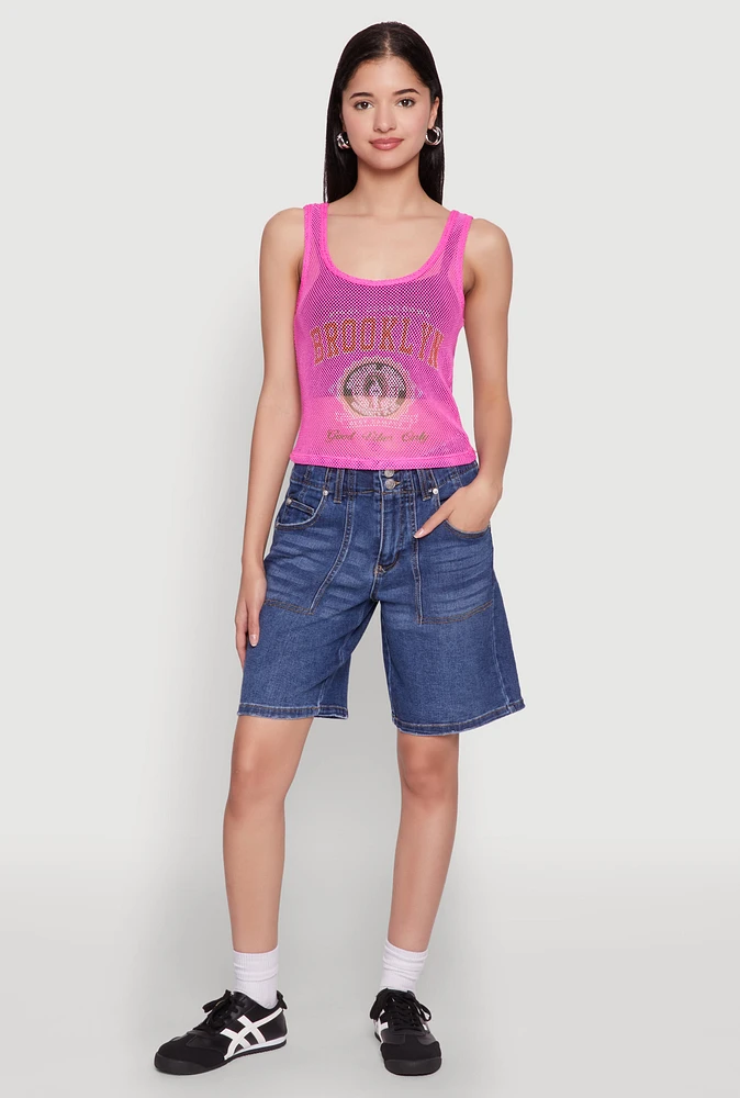 Womens Brooklyn Graphic Fishnet Tank Top, Pink, Size XL
