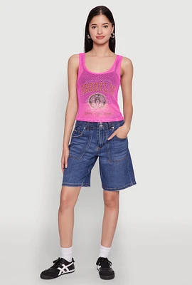 Womens Brooklyn Graphic Fishnet Tank Top, Pink, Size XL