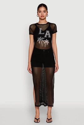 Womens Fishnet LA Graphic Side Slit Maxi Top,