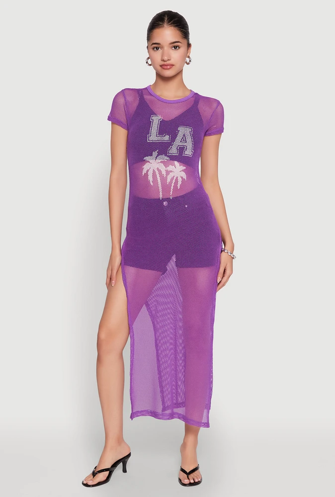 Womens Fishnet LA Graphic Side Slit Maxi Top, Purple, Size XL