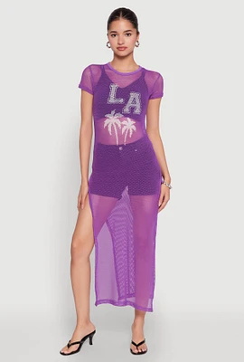 Womens Fishnet LA Graphic Side Slit Maxi Top, Purple, Size XL