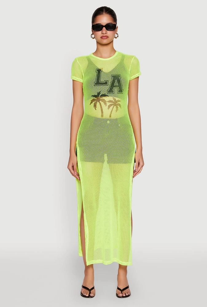 Womens Fishnet LA Graphic Side Slit Maxi Top,