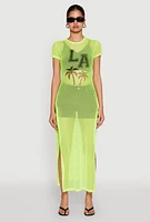Womens Fishnet LA Graphic Side Slit Maxi Top,