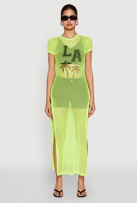 Womens Fishnet LA Graphic Side Slit Maxi Top,
