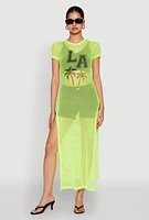 Womens Fishnet LA Graphic Side Slit Maxi Top,