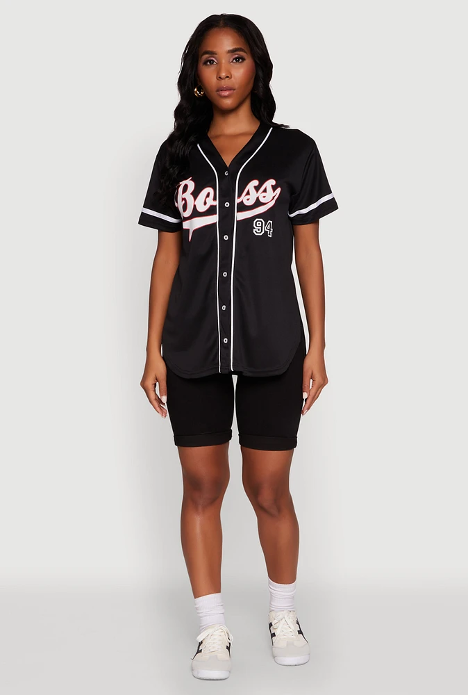 Womens Boss 94 Graphic Baseball Jersey, Black, Size S