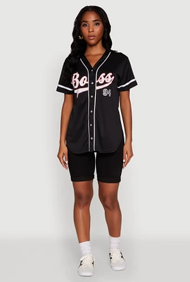 Womens Boss 94 Graphic Baseball Jersey, Black, Size S