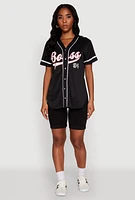 Womens Boss 94 Graphic Baseball Jersey, Black, Size S