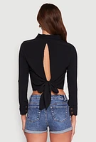 Womens Keyhole Tie Back Long Sleeve Shirt,