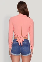 Womens Keyhole Tie Back Long Sleeve Shirt, Pink, Size M