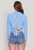 Womens Keyhole Tie Back Long Sleeve Shirt, Blue, Size XL