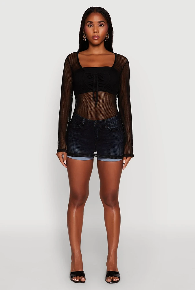 Womens Fishnet Tie Front Keyhole Long Sleeve Top,