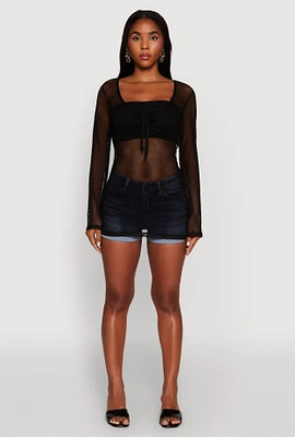 Womens Fishnet Tie Front Keyhole Long Sleeve Top,