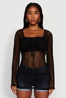Womens Fishnet Tie Front Keyhole Long Sleeve Top,