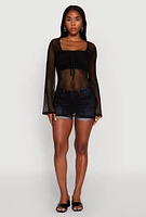 Womens Fishnet Tie Front Keyhole Long Sleeve Top,
