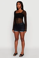 Womens Fishnet Tie Front Keyhole Long Sleeve Top,