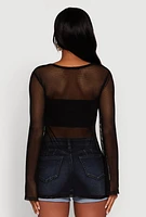 Womens Fishnet Tie Front Keyhole Long Sleeve Top,