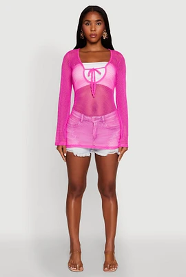 Womens Fishnet Tie Front Keyhole Long Sleeve Top, Pink, Size M
