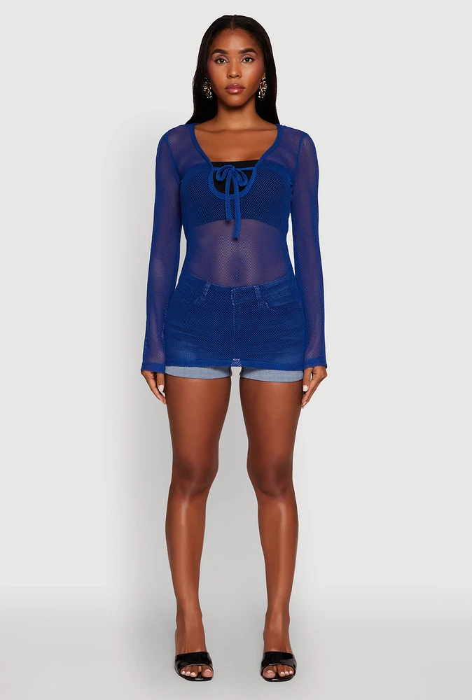 Womens Fishnet Tie Front Keyhole Long Sleeve Top, Blue, Size M