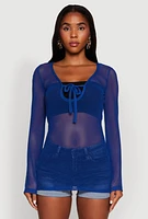 Womens Fishnet Tie Front Keyhole Long Sleeve Top, Blue, Size M