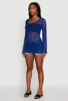 Womens Fishnet Tie Front Keyhole Long Sleeve Top, Blue, Size M