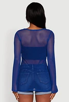 Womens Fishnet Tie Front Keyhole Long Sleeve Top, Blue, Size M