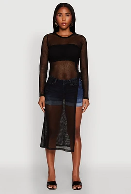 Womens Fishnet Drawstring Keyhole Side Slit Maxi Top,