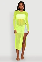 Womens Fishnet Drawstring Keyhole Side Slit Maxi Top,
