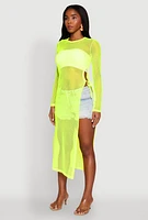 Womens Fishnet Drawstring Keyhole Side Slit Maxi Top,