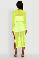 Womens Fishnet Drawstring Keyhole Side Slit Maxi Top,
